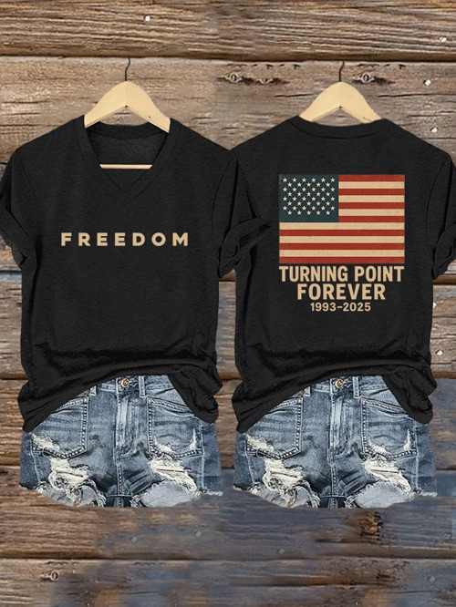 Red Charlie Kirk Freedom V-Neck Shirt Turning Point Forever Charlie Kirk Memorial Gifts