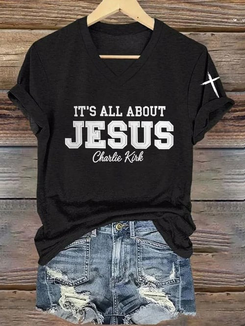 Red Charlie Kirk V-Neck Shirt It's All About Jesus October 14 Birthday Faith Gifts