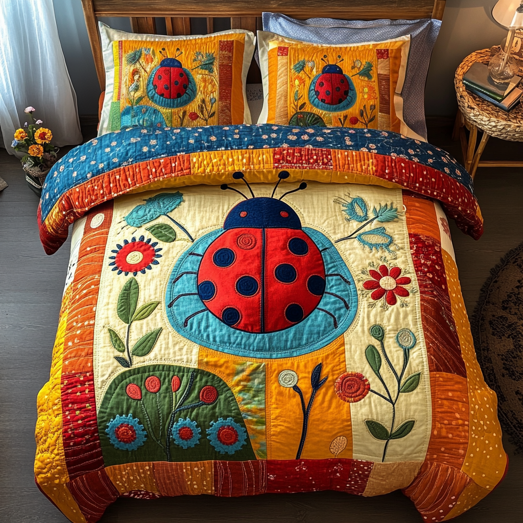 Red Charm Quilted Bedding Set Bedroom Decor Ladybug Gifts For Her
