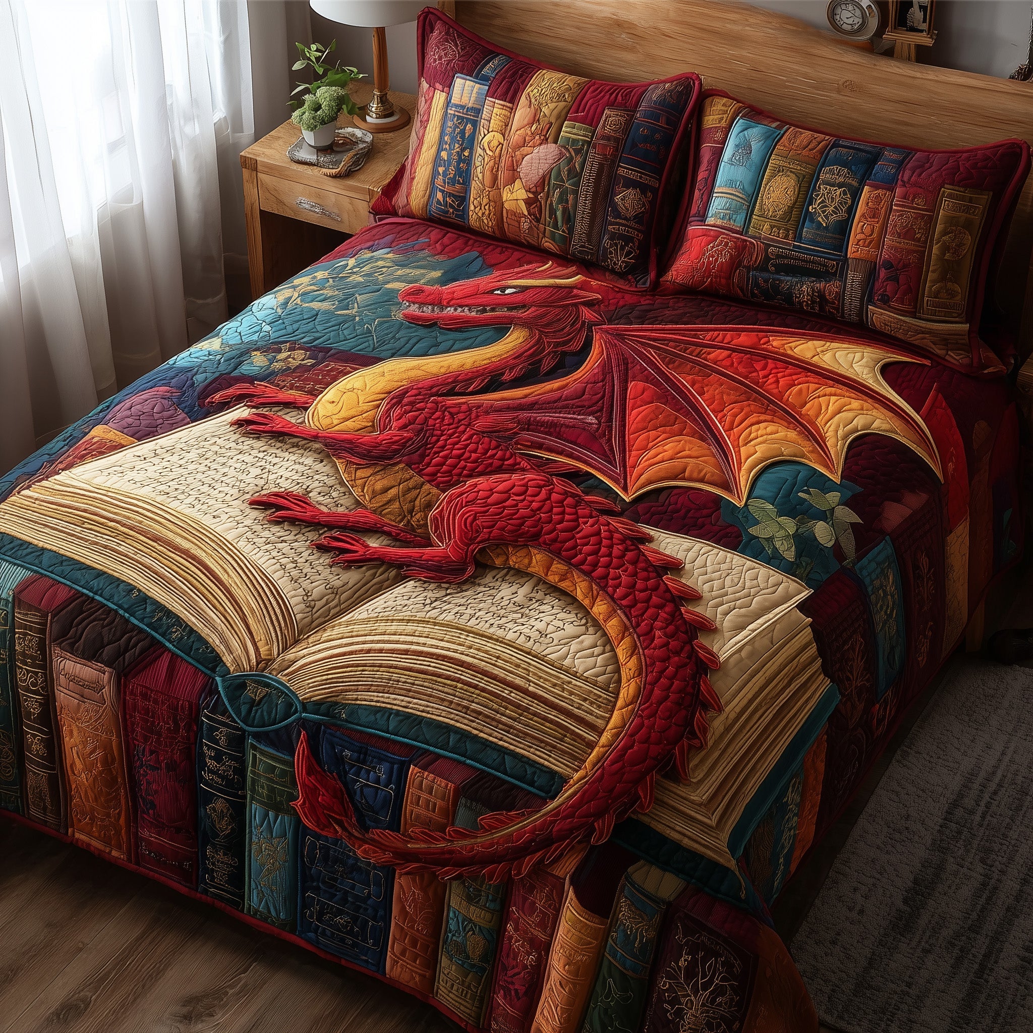 Red Dragon Quilted Bedding Set Duvet Cover Bedspread Dragon Father's Day Presents