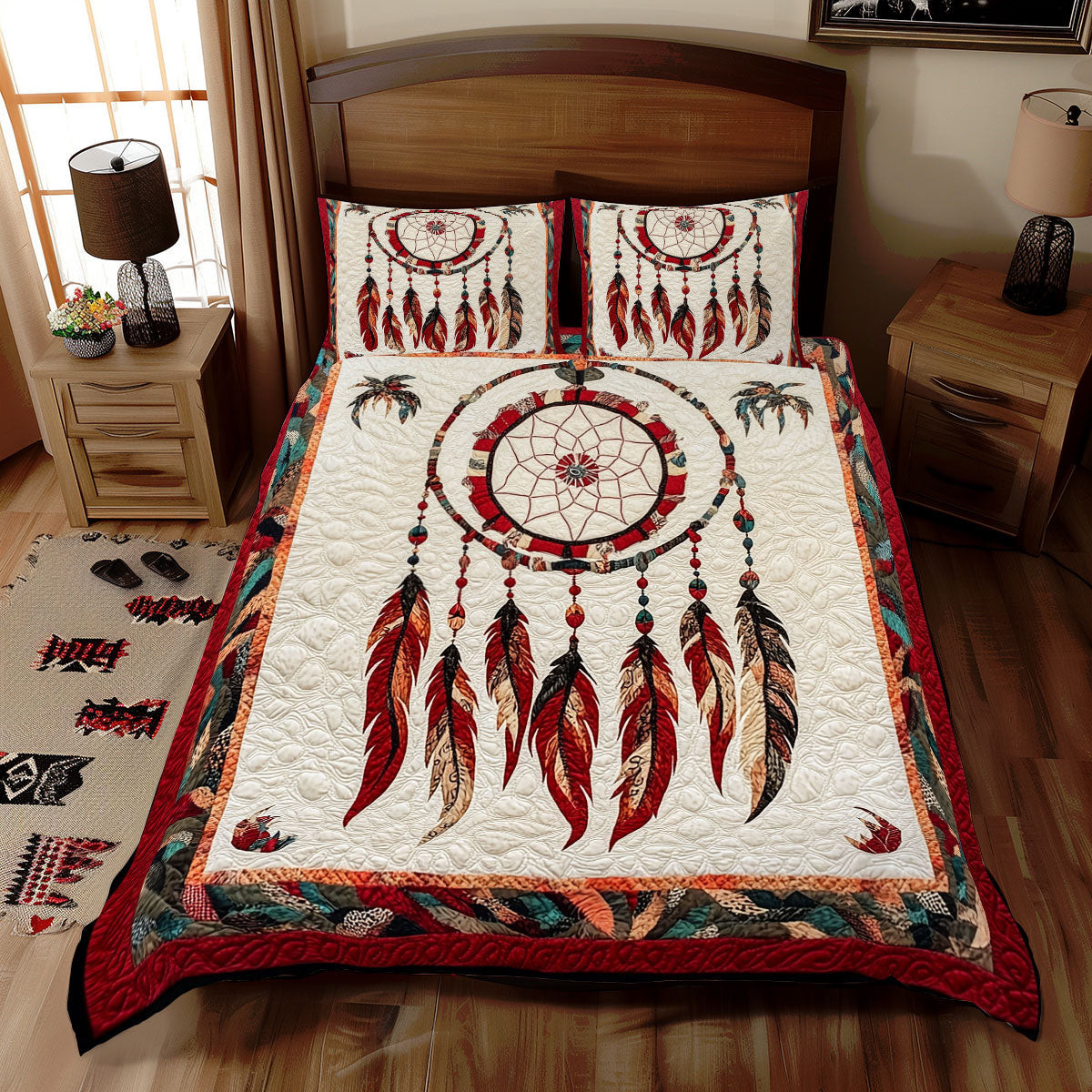 Red Dreamcatcher Holiday Christmas Quilted Bedding Set Best Christmas Gifts For Grandparents