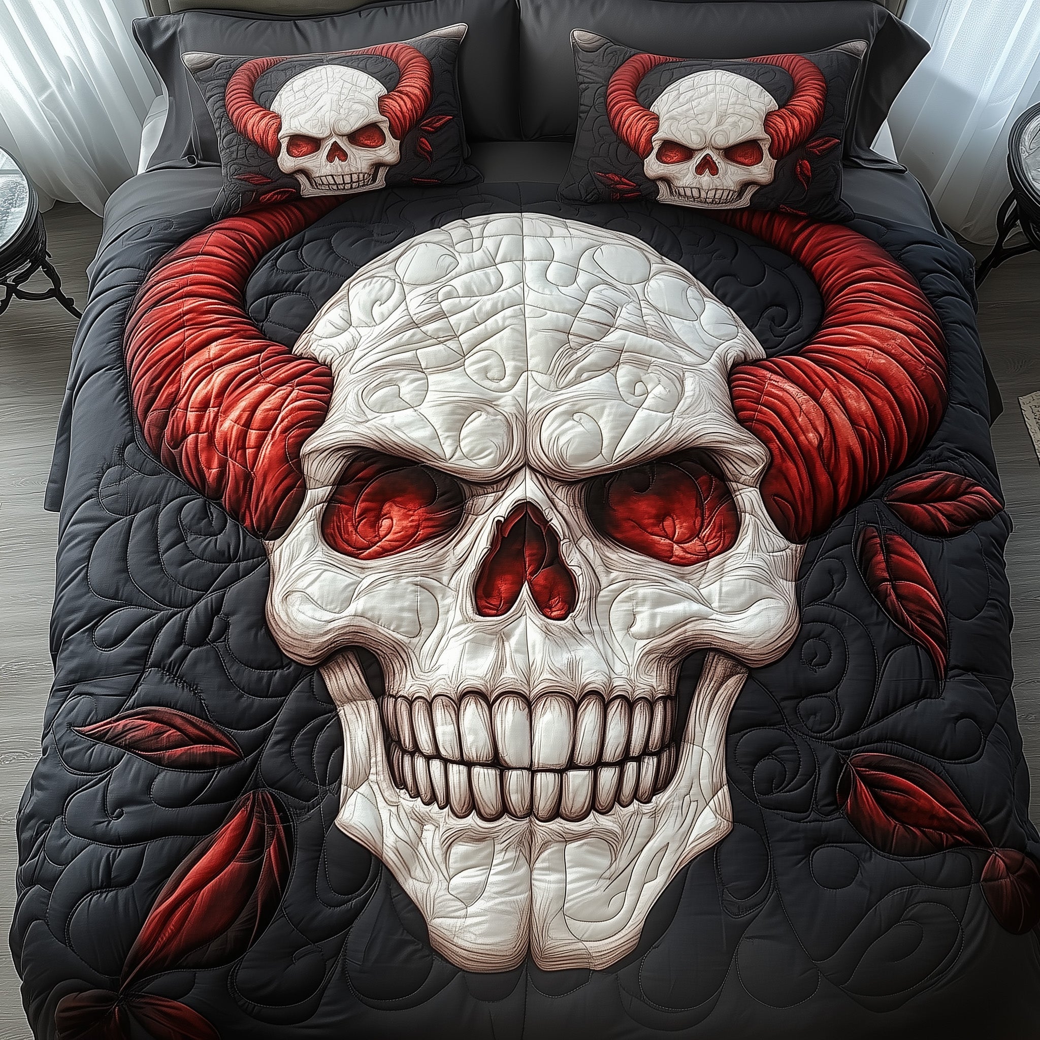 Red Evil Quilted Bedding Set Horror Skull Demon Red Horn Happy Halloween Day Gift Ideas