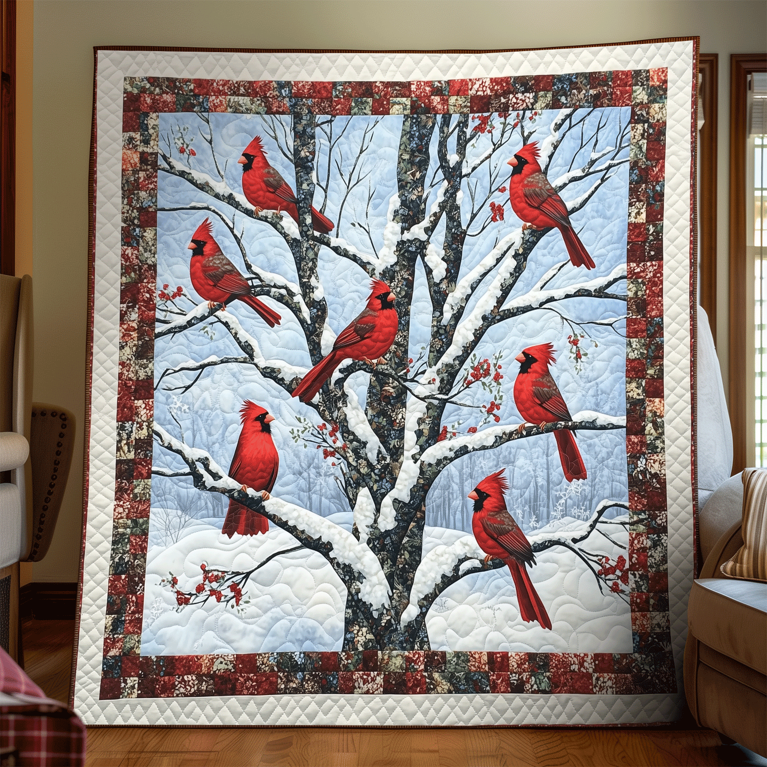 Red Feather Delight Quilted Blanket Unique Cardinal Bird Gifts