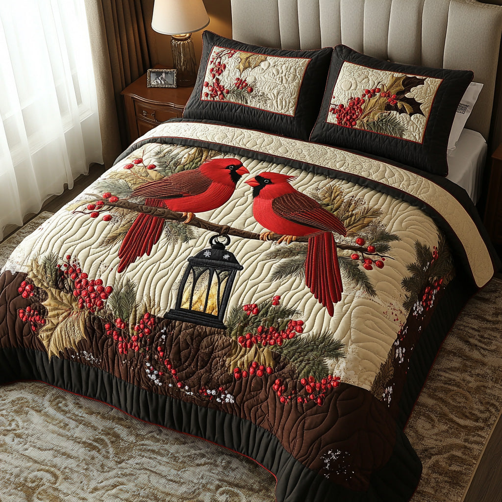 Red Feather Friends Quilted Bedding Set Cute Room Decor Red Cardinal Bird Gifts