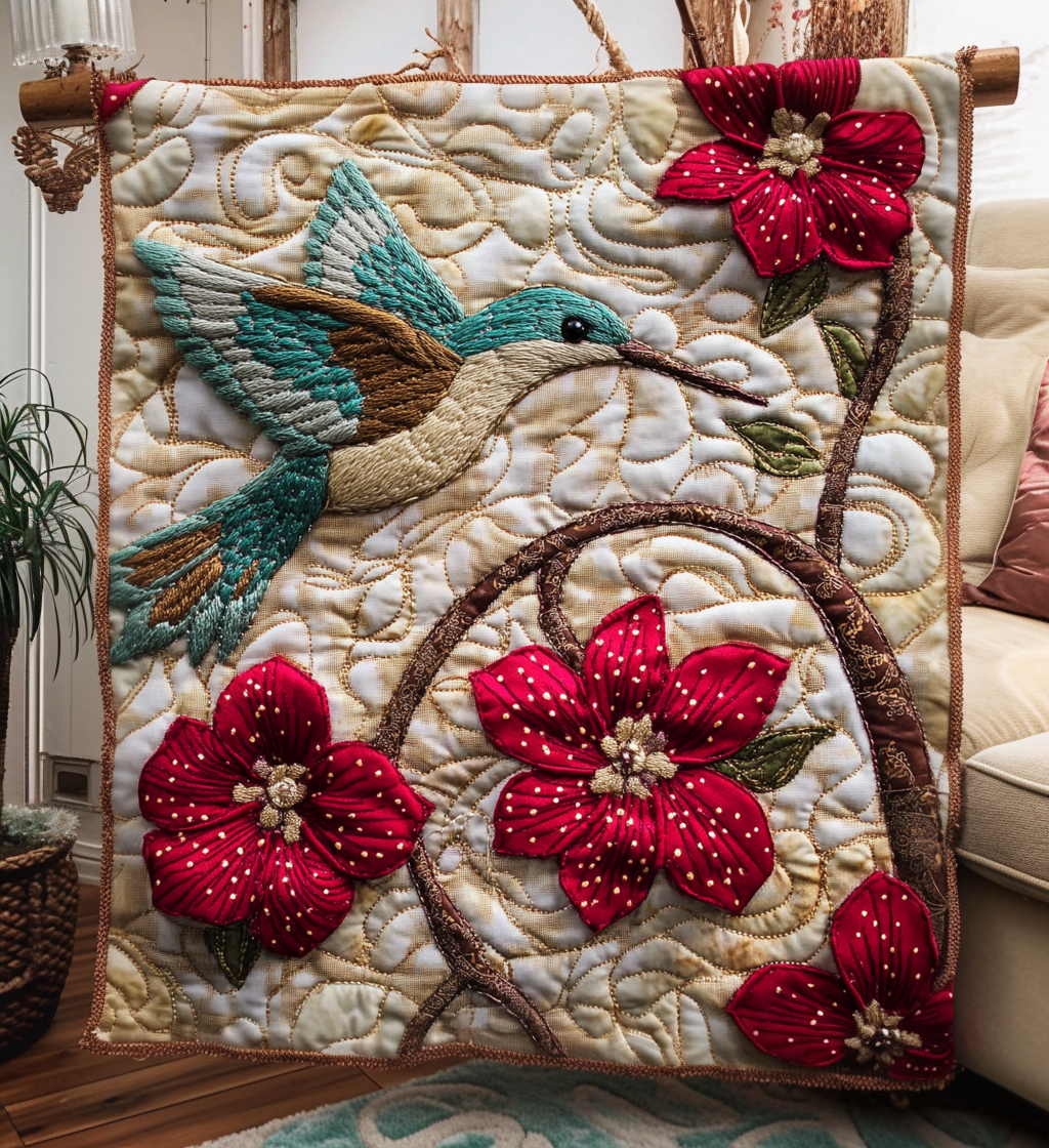 Red Flower Hummingbird Quilted Blanket Gifts For Hummingbird Lovers