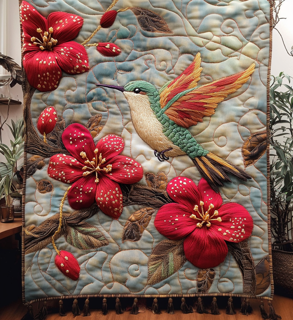 Red Flower Hummingbird Quilted Blanket Gifts For Hummingbird Lovers