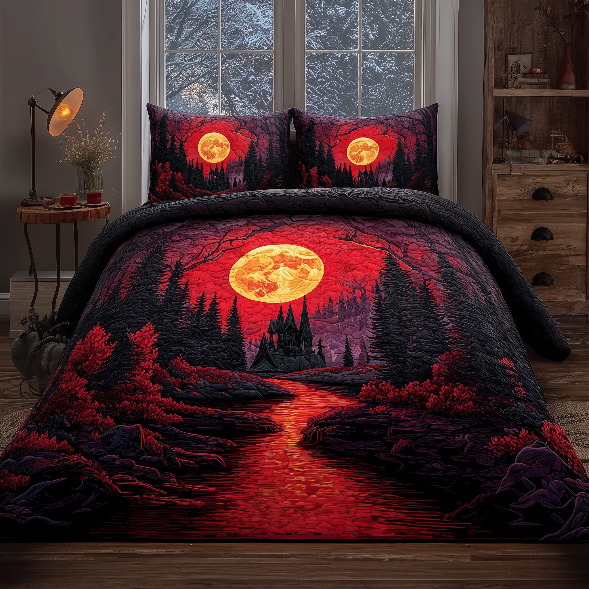 Red Forest Night Quilted Bedding Set Home Decor Collection