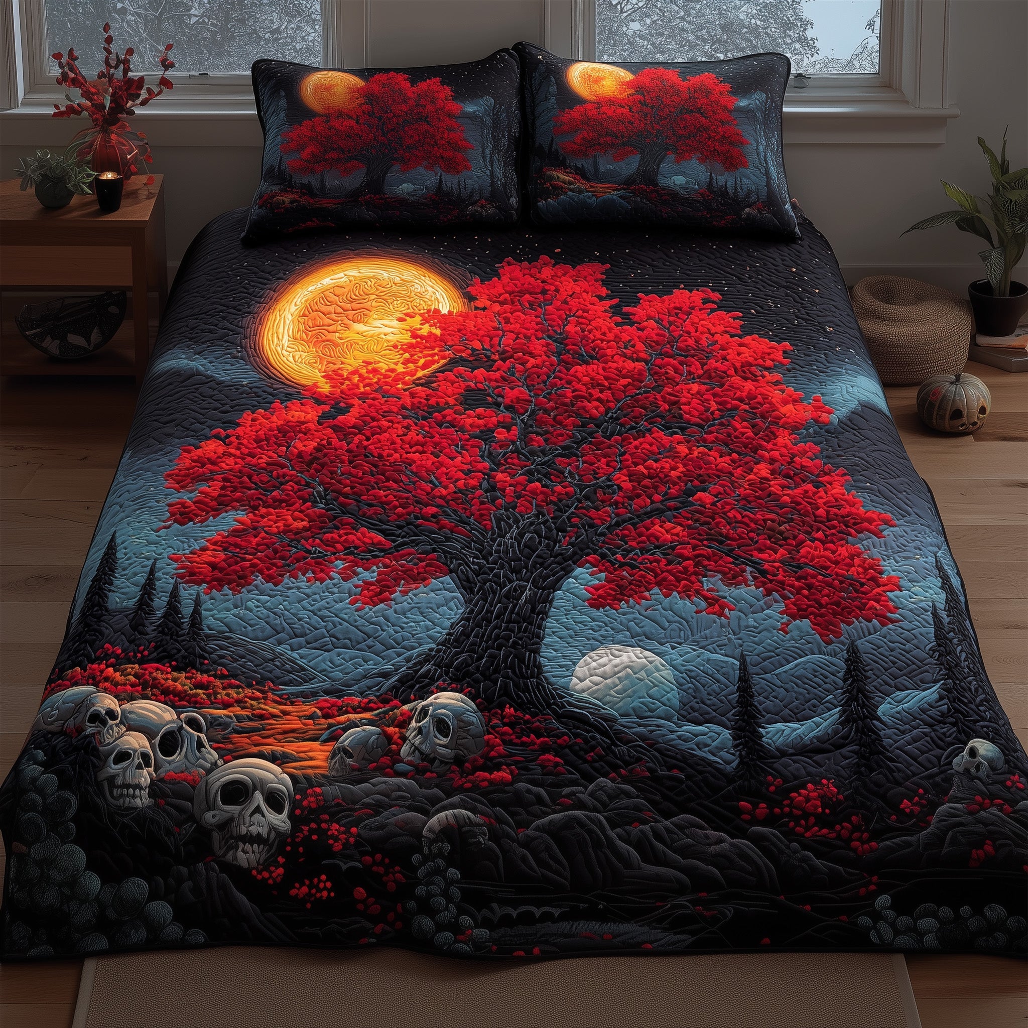 Red Forest Night Quilted Bedding Set Hypoallergenic