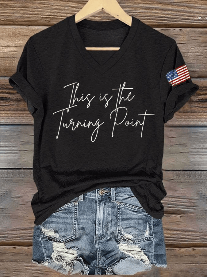 Red Freedom V-neck Shirt This Is The Turning Point Shirt Charlie Kirk T-Shirt Patriotic Gifts for Mom - Image 2