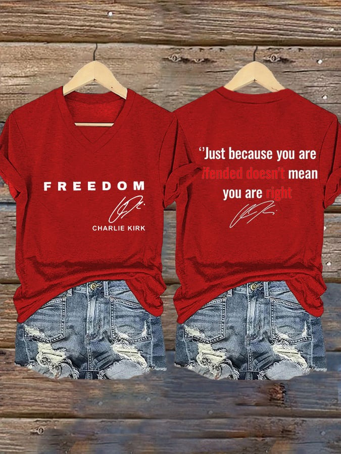 Red Freedom V-neck T-Shirt Charlie Kirk Shirt Turning Point USA Merch Memorial Apparel