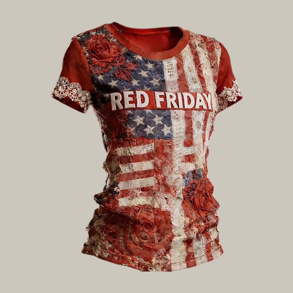 Red Friday American Flag Floral T-Shirt Remember Everyone Deployed Clothes Red Friday Gift For Mom