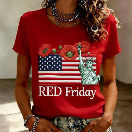 Red Friday American Flag Floral T-Shirt Statue Of Liberty Clothes Best Gift For Wife