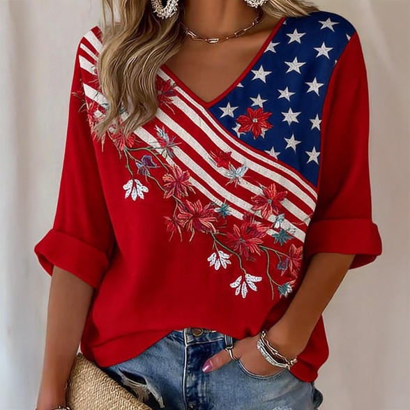 Red Friday American Flag Floral V-Neck Long Sleeve Shirt Support Our Troops Merch Red Friday Gift
