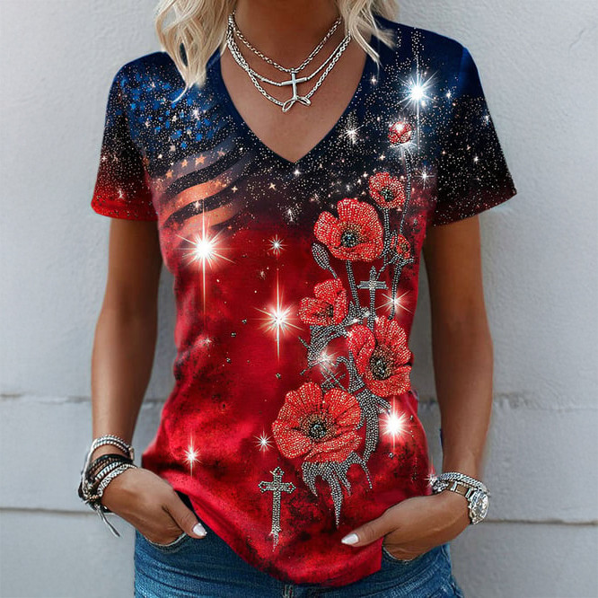 Red Friday American Flag Poppy Flower V-Neck Shirt Commemorative Clothes Red Friday Gift For Mother