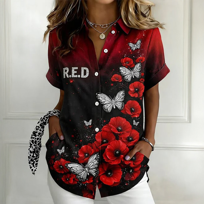Red Friday Butterfly Floral Button Up Long Sleeve Shirt Red Friday Apparel Mother's Day Gift