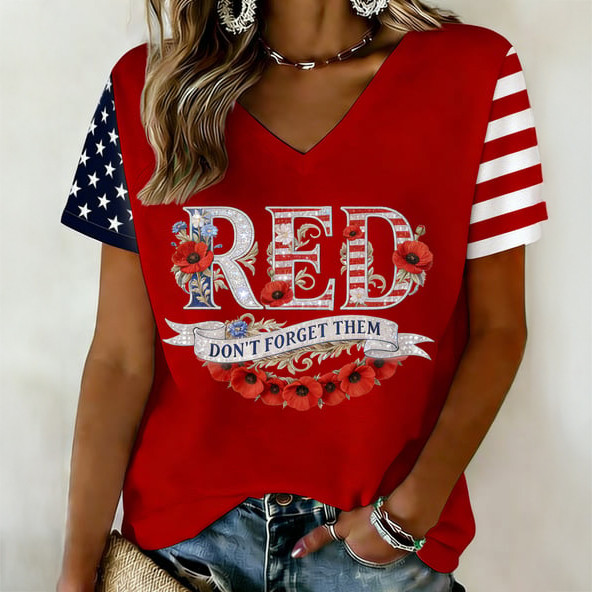 Red Friday Don't Forget Them Floral V-Neck Shirt Remember Everyone Deployed Shirt Present For Mom