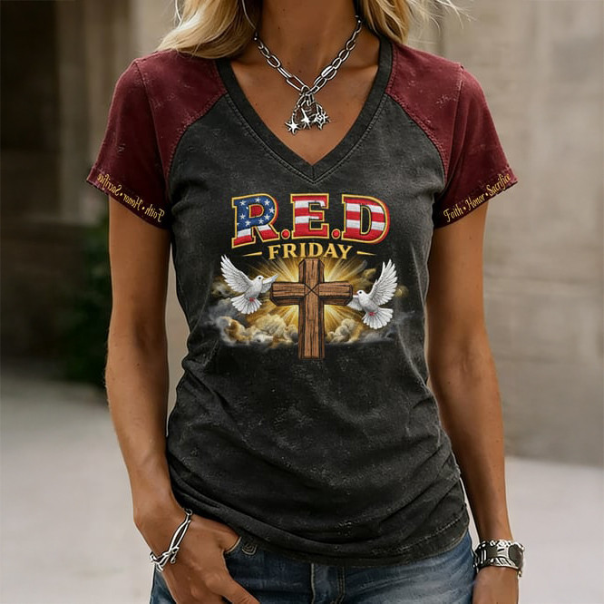 Red Friday Faith Cross V-Neck Shirt Remember Everyone Deployed Clothes Present For Wife