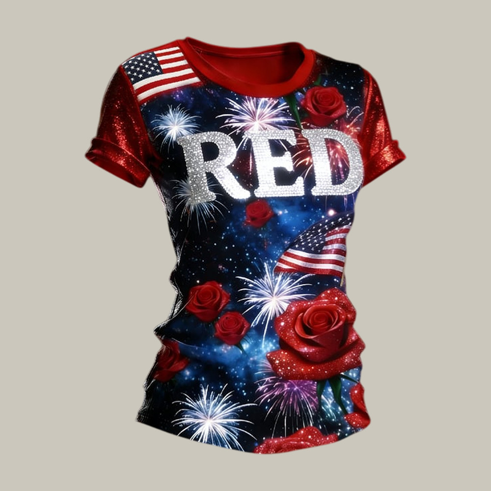 Red Friday Floral Fireworks T-Shirt American Flag Red Friday Clothes Present For Wife