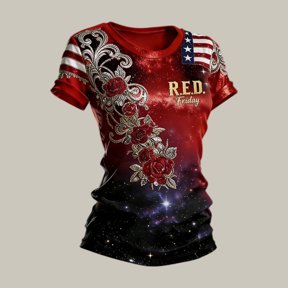 Red Friday Floral Galaxy T-Shirt American Flag Red Friday Merch Memmorative Gift For Mom