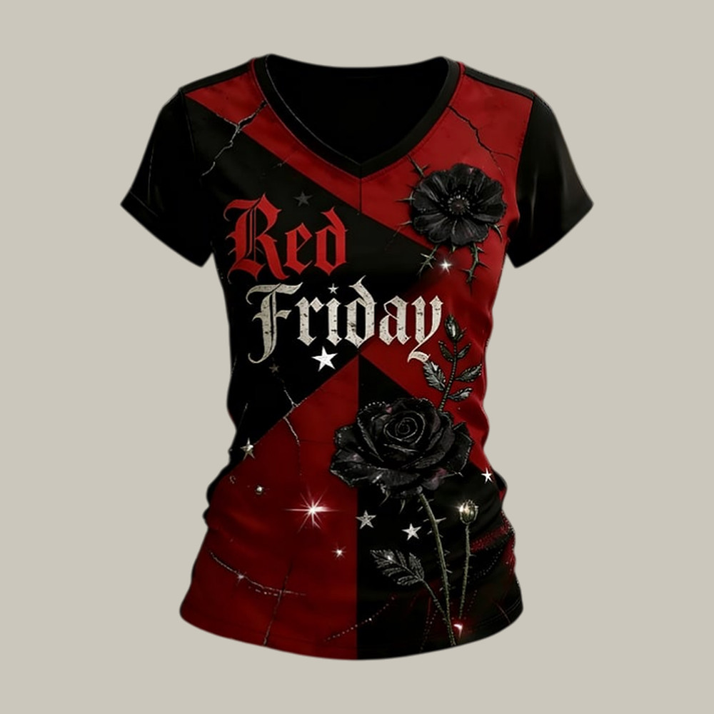 Red Friday Floral Stars V-Neck Shirt Red Friday Clothes Present Idea For Mother's Day