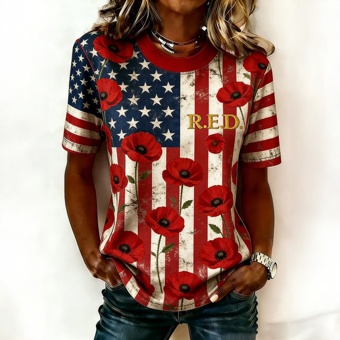 Red Friday Poppy Floral T-Shirt American Flag Remember Everyone Deployed Shirt Gift For Mother