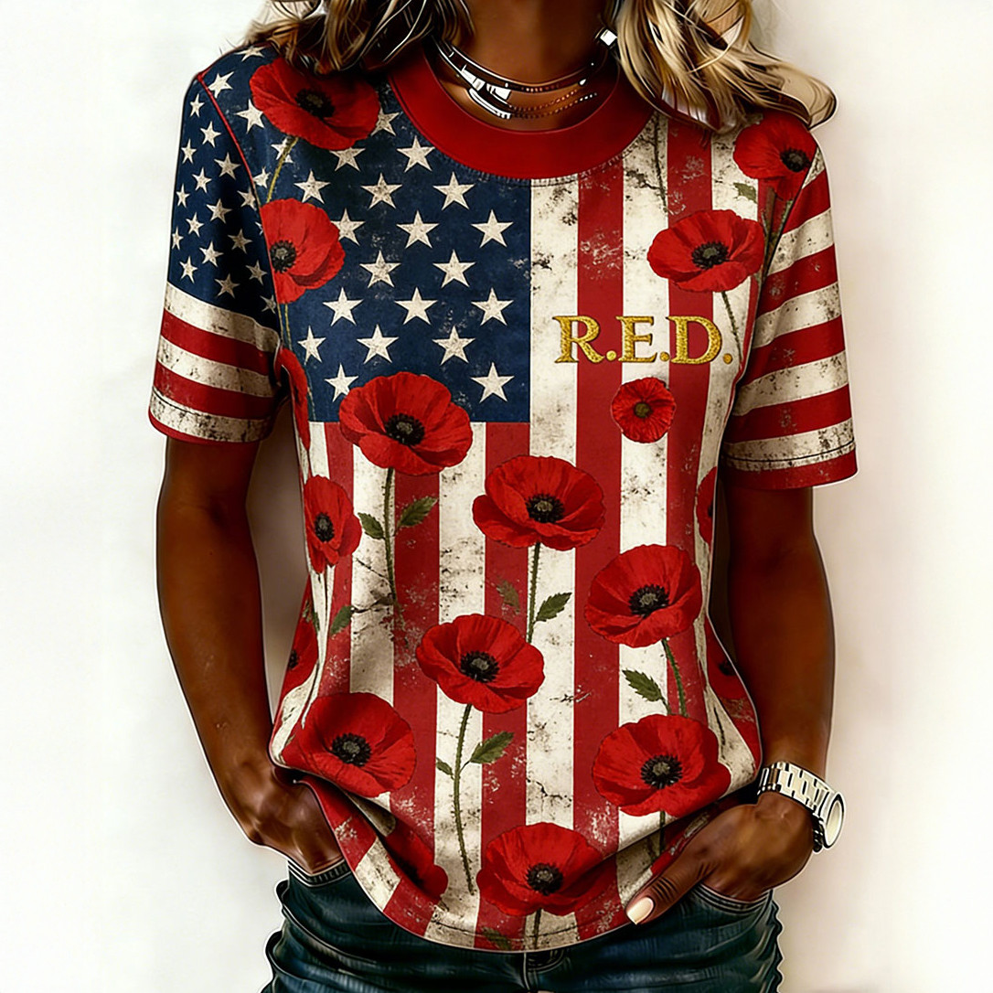 Red Friday Poppy Flower T-Shirt American Can Flag Shirt Present Idea For Mother's Day