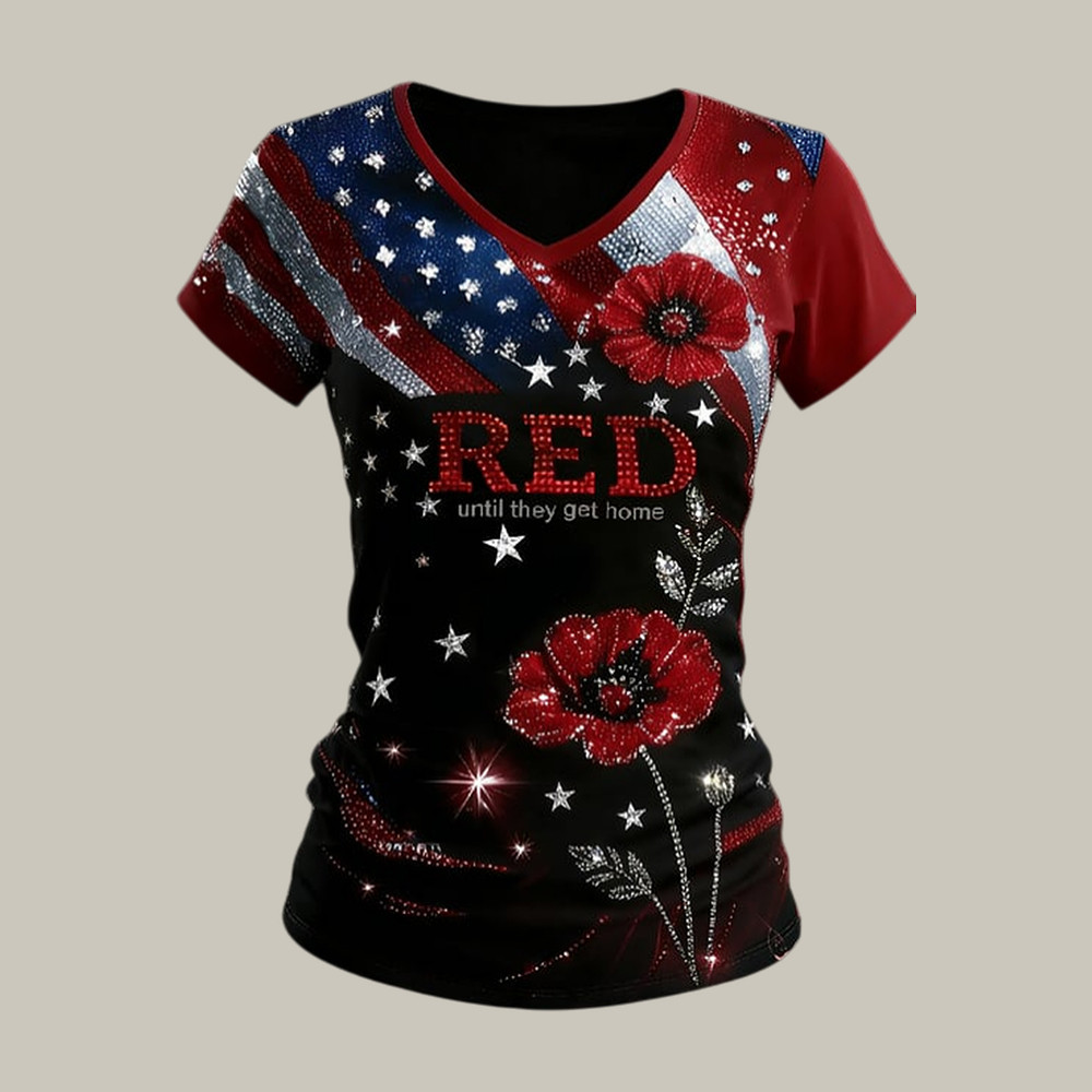 Red Friday Poppy Flower V-Neck Shirt American Flag Remember Everyone Deployed Shirt