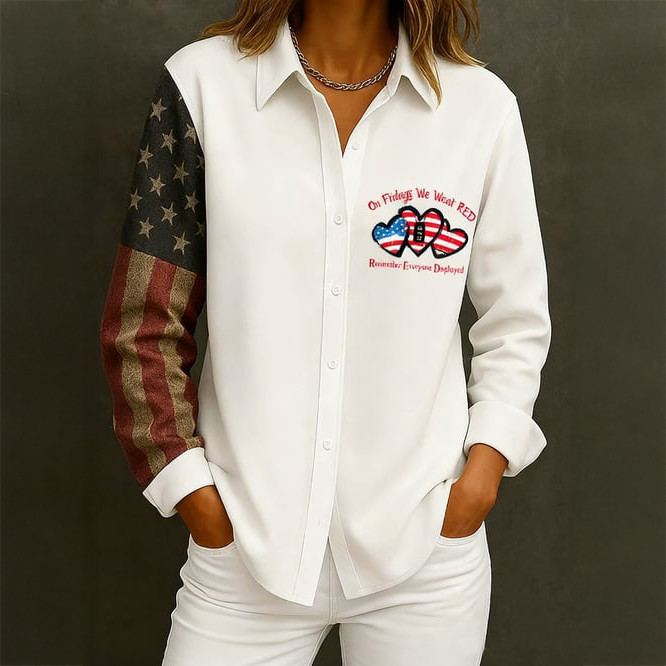 Red Friday Remember Everyone Deployed Button Up Long Sleeve Shirt American Flag Apparel Gift For Wife