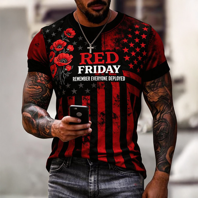 Red Friday Remember Everyone Deployed Floral T-Shirt American Flag Red Friday Clothes Gift For Him