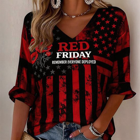 Red Friday Remember Everyone Deployed Floral V-Neck Long Sleeve Shirt Red Friday Apparel