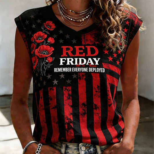 Red Friday Remember Everyone Deployed Floral V-Neck Shirt Poppy Flower Shirt Memorial Day Gift
