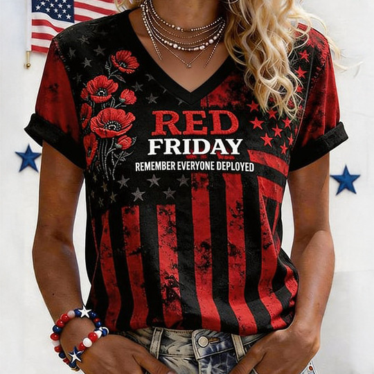 Red Friday Remember Everyone Deployed Floral V-Neck Shirt Red Friday Clothes Cool Gift For Mother