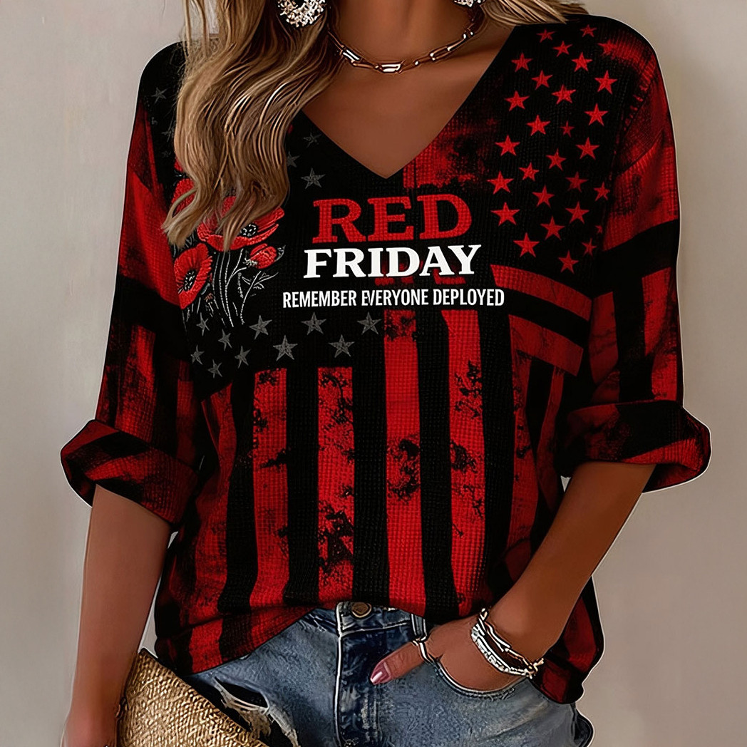 Red Friday Remember Everyone Deployed V-Neck Long Sleeve Shirt Red Friday Apparel Gift For Wife