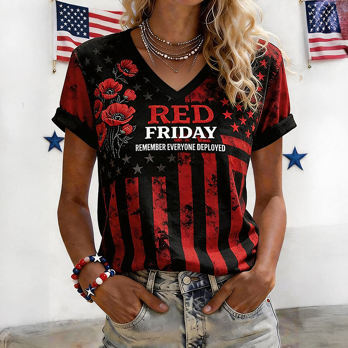 Red Friday Remember Everyone Deployed V-Neck Shirt Patriotic American Flag Shirt Memorial Gift