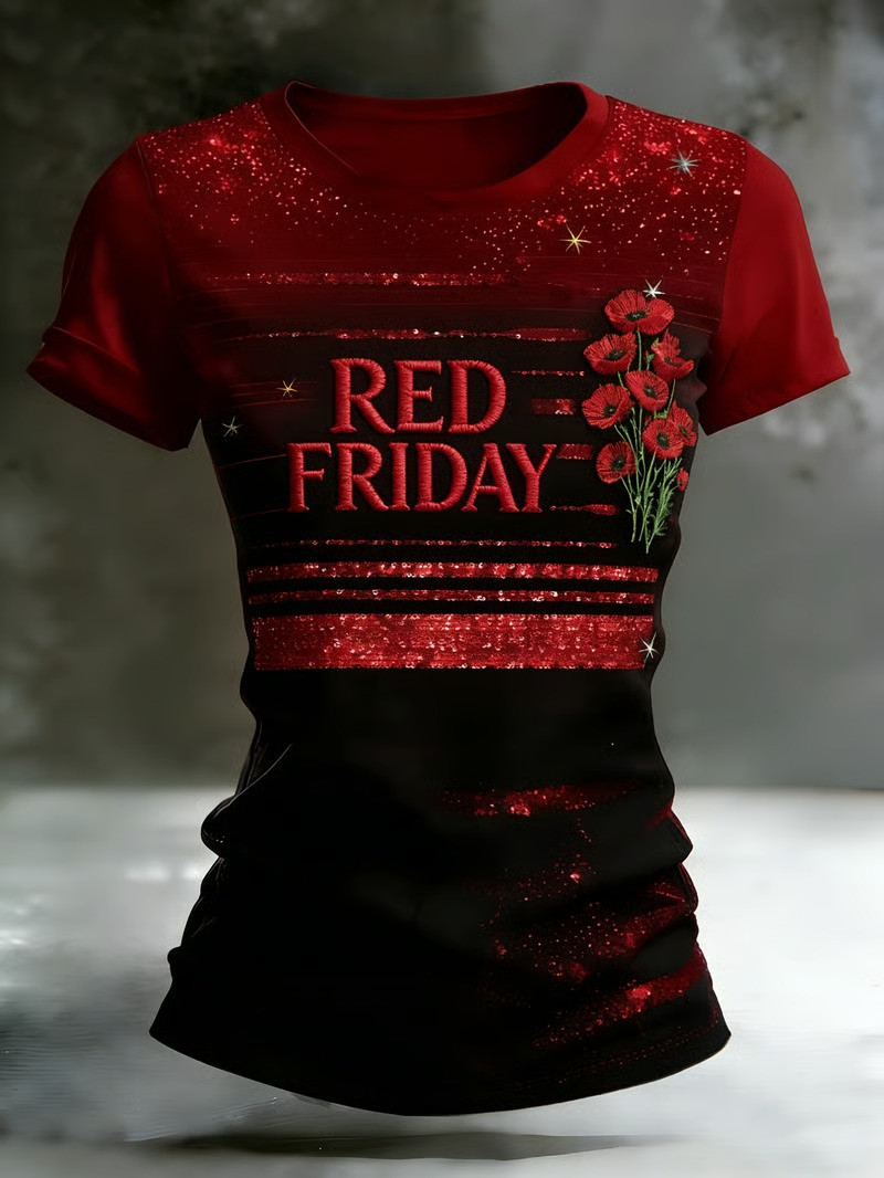 Red Friday Rose Accent T-Shirt Patriotic Memorial Tribute Support Wear Gift for Her