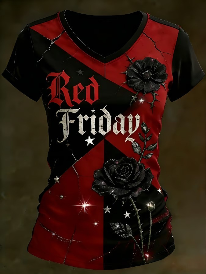 Red Friday Rose Cross V-Neck Shirt Christian Patriot Memorial Tribute Apparel Gift for Mom