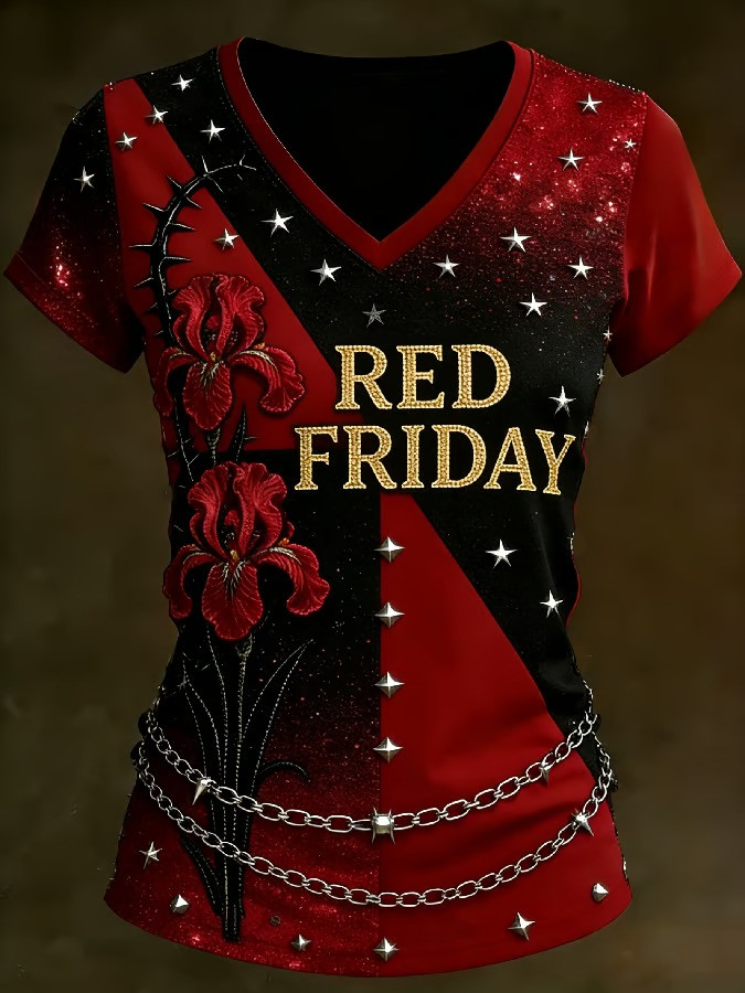 Red Friday Rose Sparkle V-Neck Shirt Patriotic Memorial Tribute Support Apparel Gift for Mom