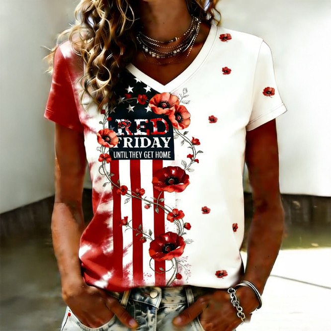Red Friday Until They All Come Home Floral V-Neck Shirt American Flag Red Friday Clothes Gift For Her