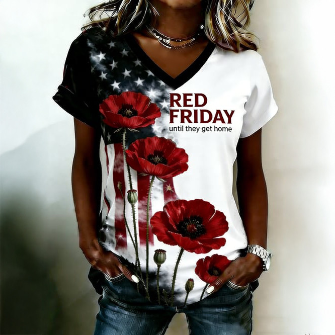 Red Friday Until They Get Home Poppy Flower V-Neck Shirt American Flag Red Friday Clothes Good Gift For Wife
