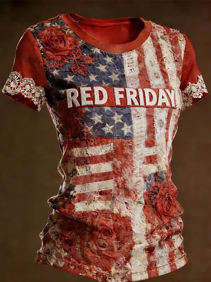 Red Friday USA Pattern T-Shirt Memorial Tribute Patriotic Support Wear Gift for Her