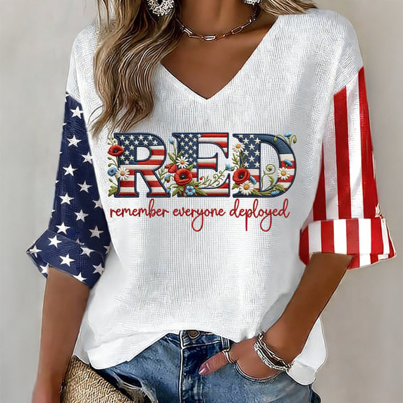 Red FridayRemember Everyone Deployed V-Neck Long Sleeve Shirt American Flag Red Friday Apparel Mother's Day Gift