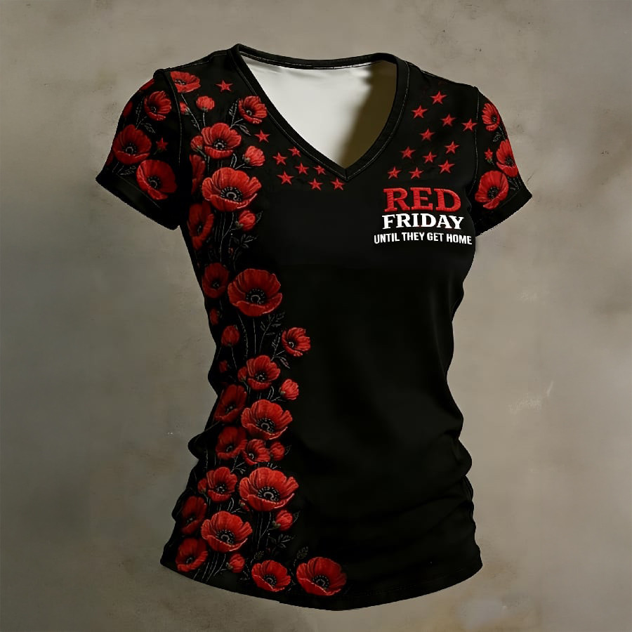 Red Fridays Until They Get Home V-Neck Shirt Poppy Flower Red Fridays Apparel Gift For Sister