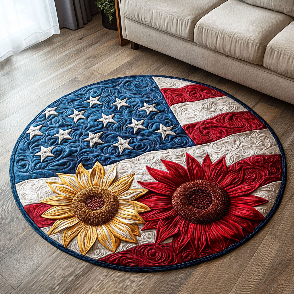 Red Gold Bloom Quilted Round Mat Door Entrance Decor Sunflower Theme Gifts