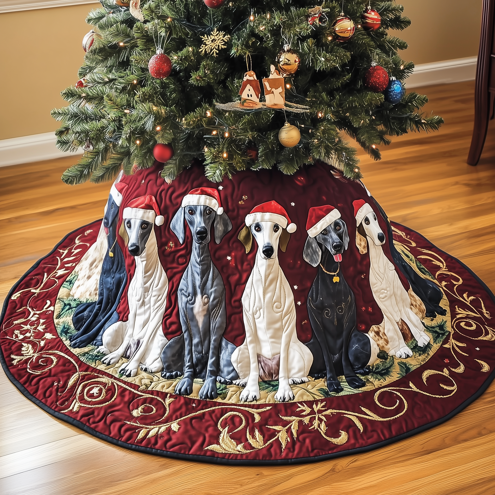 Red Greyhound Christmas Tree Skirt Quilted Handmade Holiday Gift for Pet-Friendly Home Decor