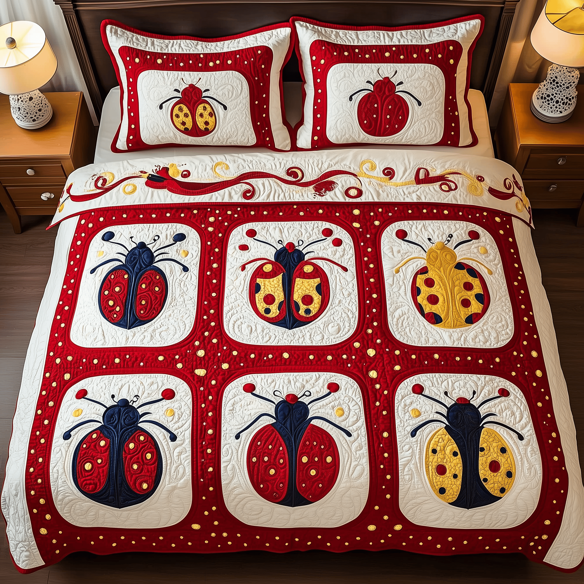 Red Ladybug Quilted Bedding Set Christmas Bedding Set Top Christmas Gifts 2024