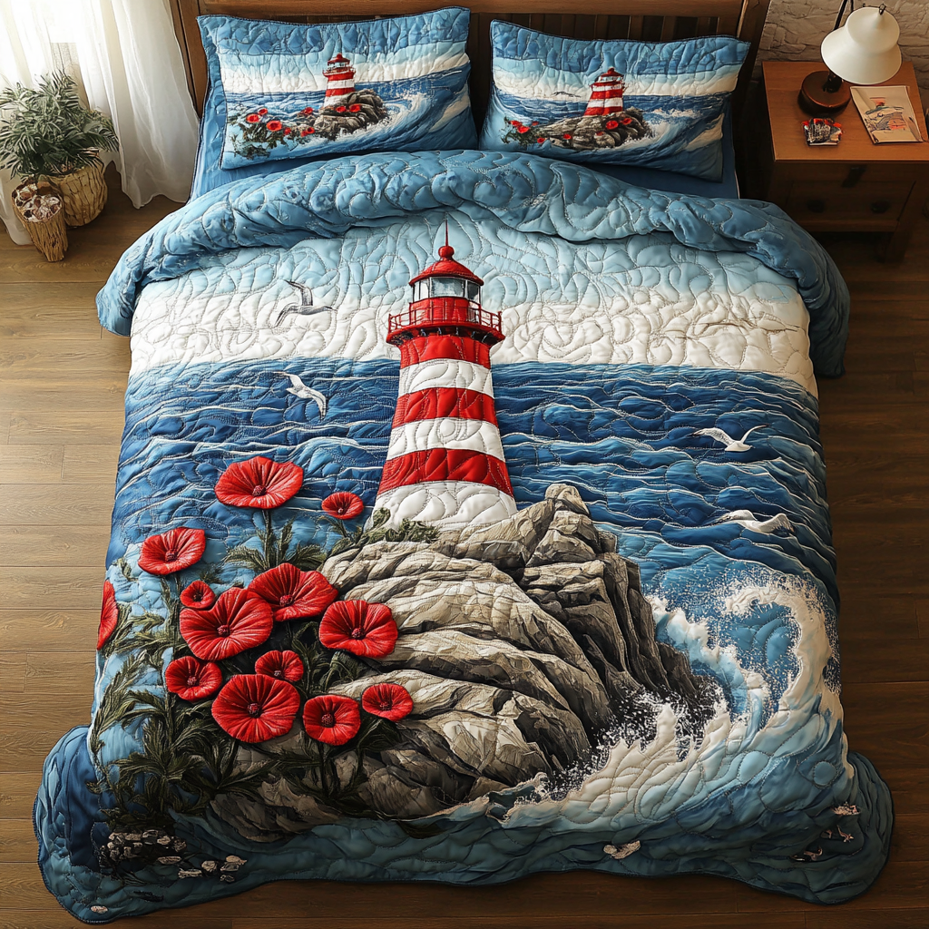Red Lighthouse Quilted Bedding Set Bed Room Decoration Lighthouse Gifts Items