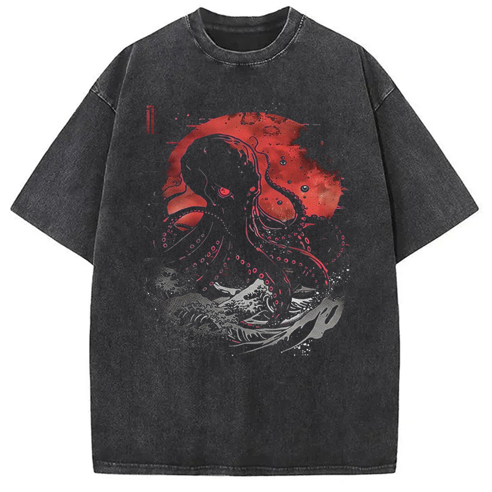 Red Moon Kraken Octopus Washed T-Shirt Cool Urban Street Style Shirt Gifts For Best Friend Red Moon Kraken Octopus Washed T-Shirt Cool Urban Street Style Shirt Gifts For Best Friend