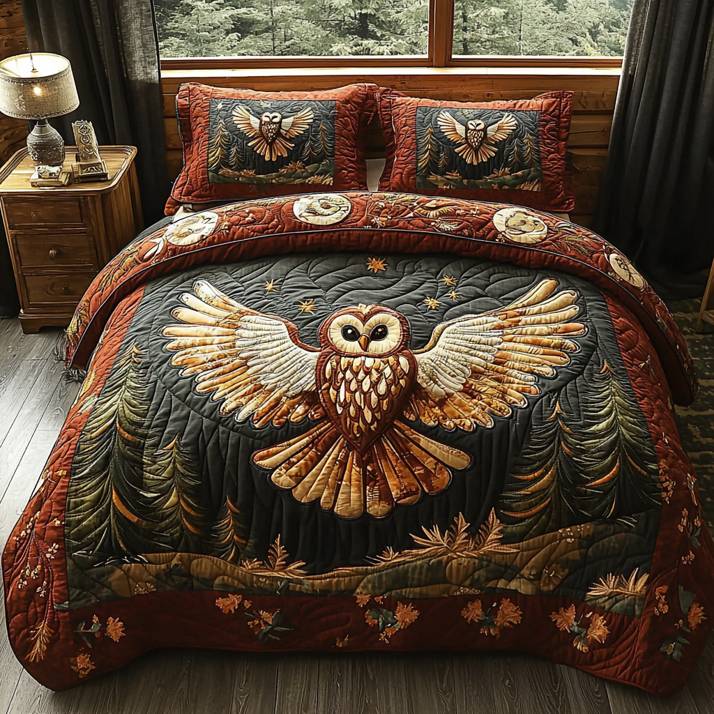 Red Owl Quilted Bedding Set Best Bed Sheet Set Gift For Owl Lover