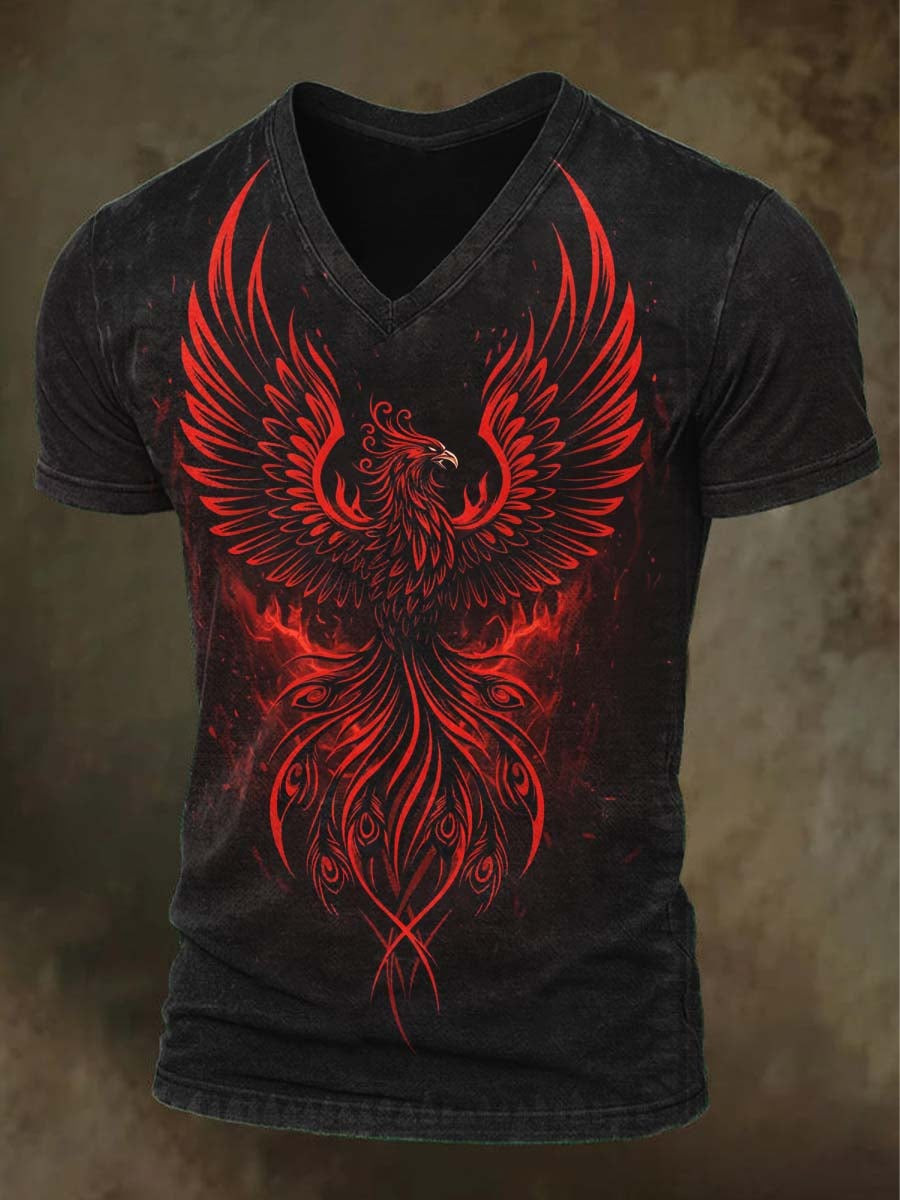Red Phoenix V-Neck Shirt Firebird Mythical Creature Fantasy Graphic Tee Halloween Gifts