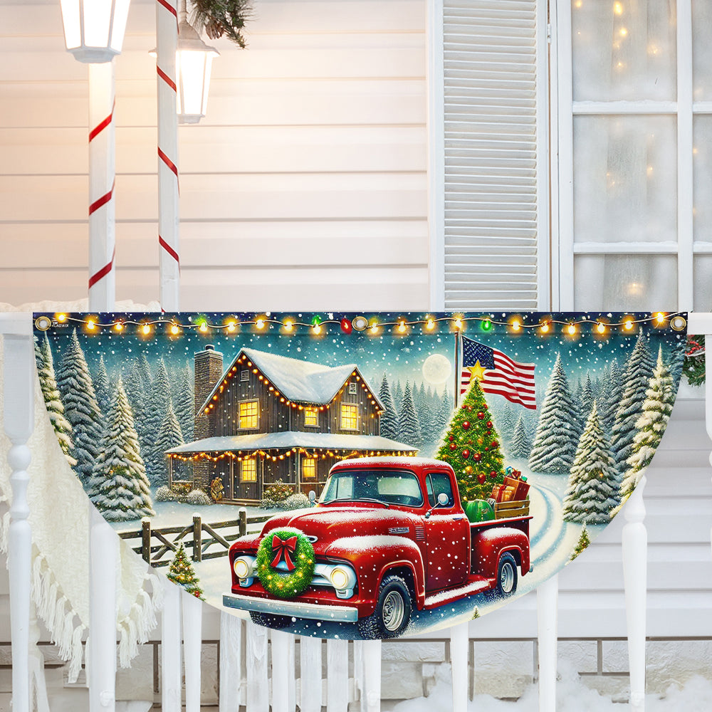 Red Pickup Truck Countryside Christmas Non Pleated Fan Flag